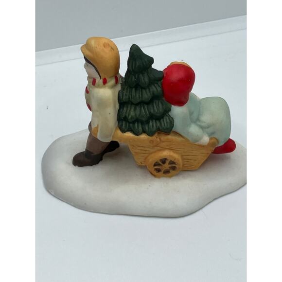 Christmas Village Figures Children Carrying Christmas Tree Wheelbarrow Boy Girl - Picture 3 of 6